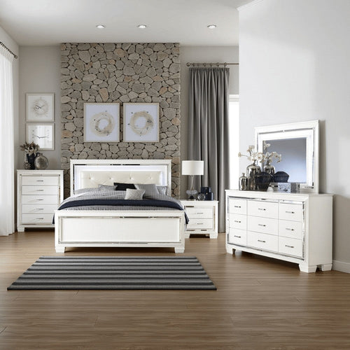 Alen 4 Pc Queen Size Bedroom Set, Button Tufting, Mirror Trim, White