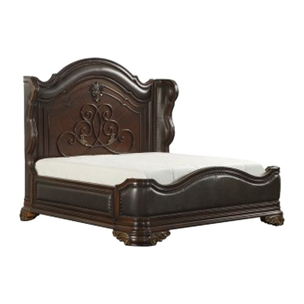 Rise 4 Piece Queen Bedroom Set Arched Wing Design Leatherette Padding Brown BM332683