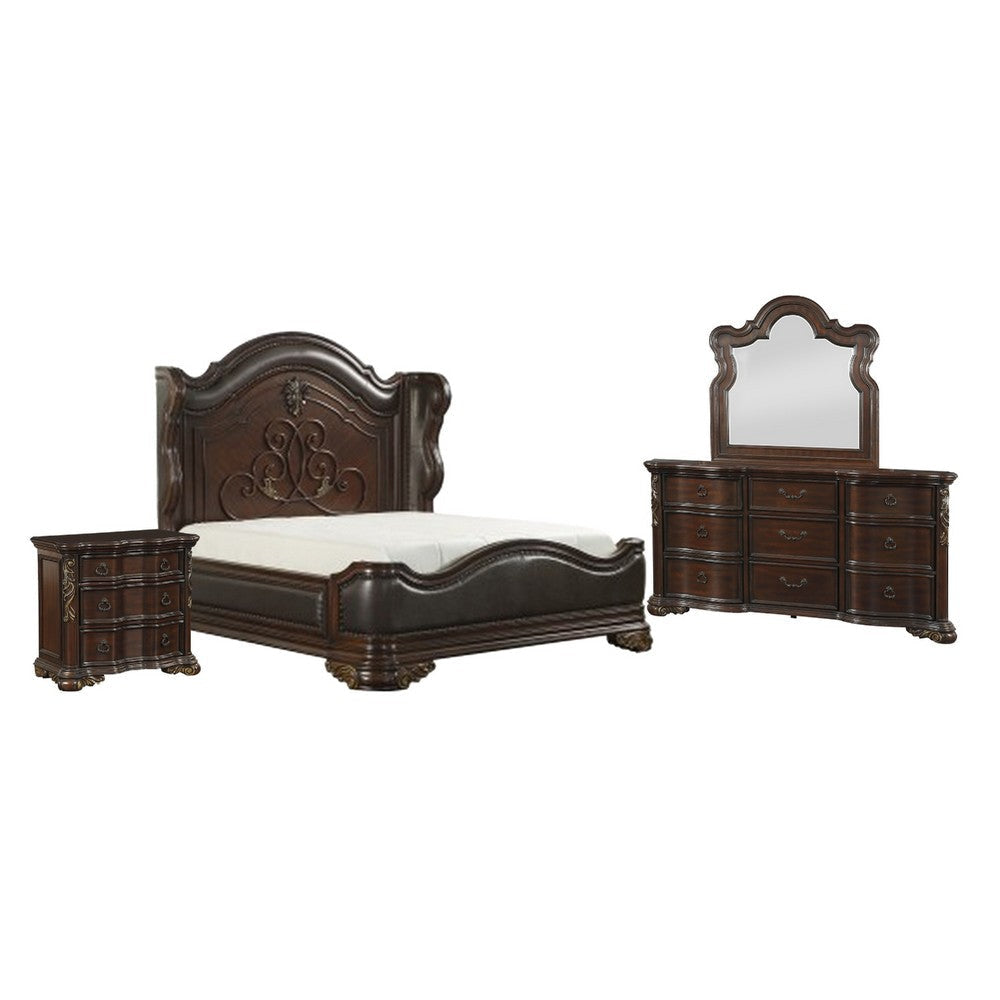 Rise 4 Piece Queen Bedroom Set Arched Wing Design Leatherette Padding Brown BM332683