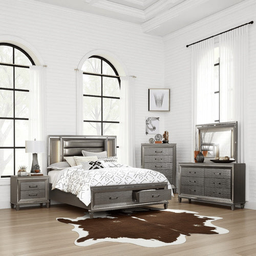 Deci 4 Pc Queen Bedroom, LED Headboard, Mirrored Trim, Champagne Silver