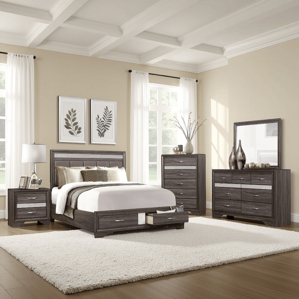 Lucy 4 Pc Queen Bedroom Set Faux Leather Channel Tufted Silver Accents Gray