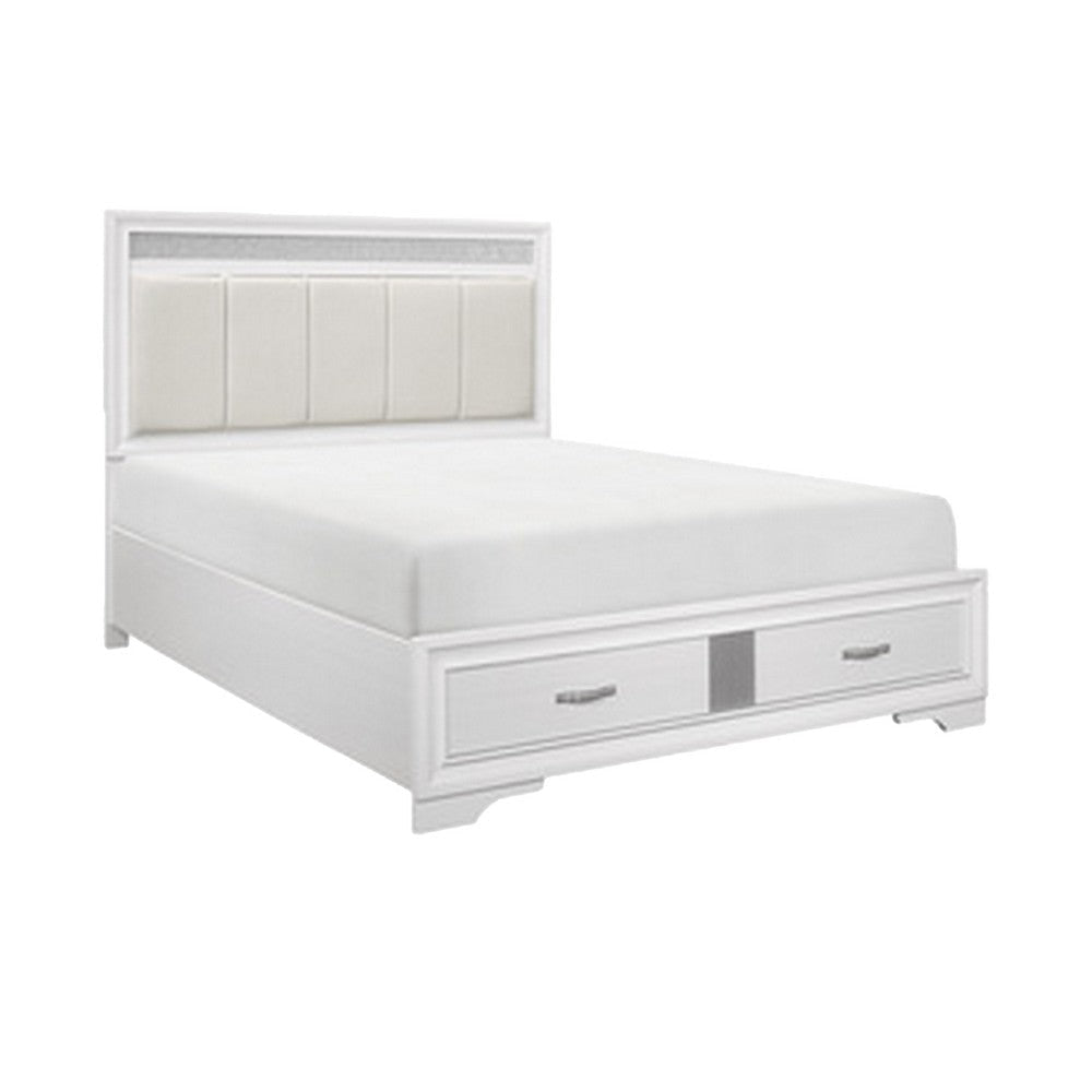 Lucy 4 Pc Queen Bedroom Set Faux Leather Channel Tufted Silver Accents White