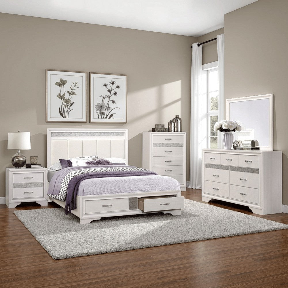 Lucy 4 Pc Queen Bedroom Set Faux Leather Channel Tufted Silver Accents White