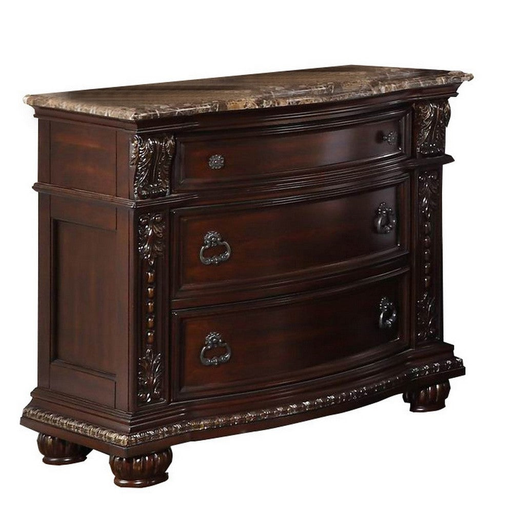 Caitlin Four Pc Queen Bedroom Set Tufted Faux Leather Headboard Marble Tops Brown