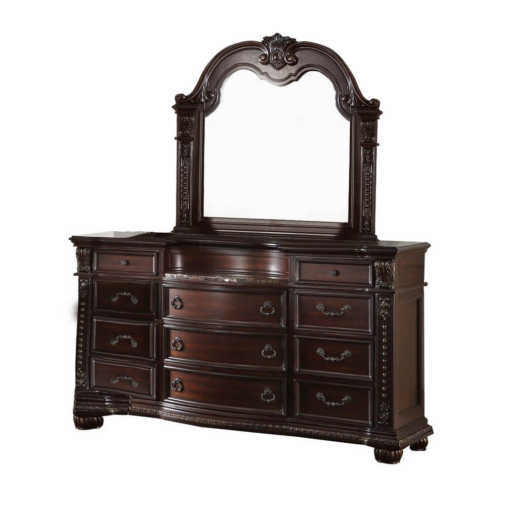 Caitlin Four Pc Queen Bedroom Set Tufted Faux Leather Headboard Marble Tops Brown