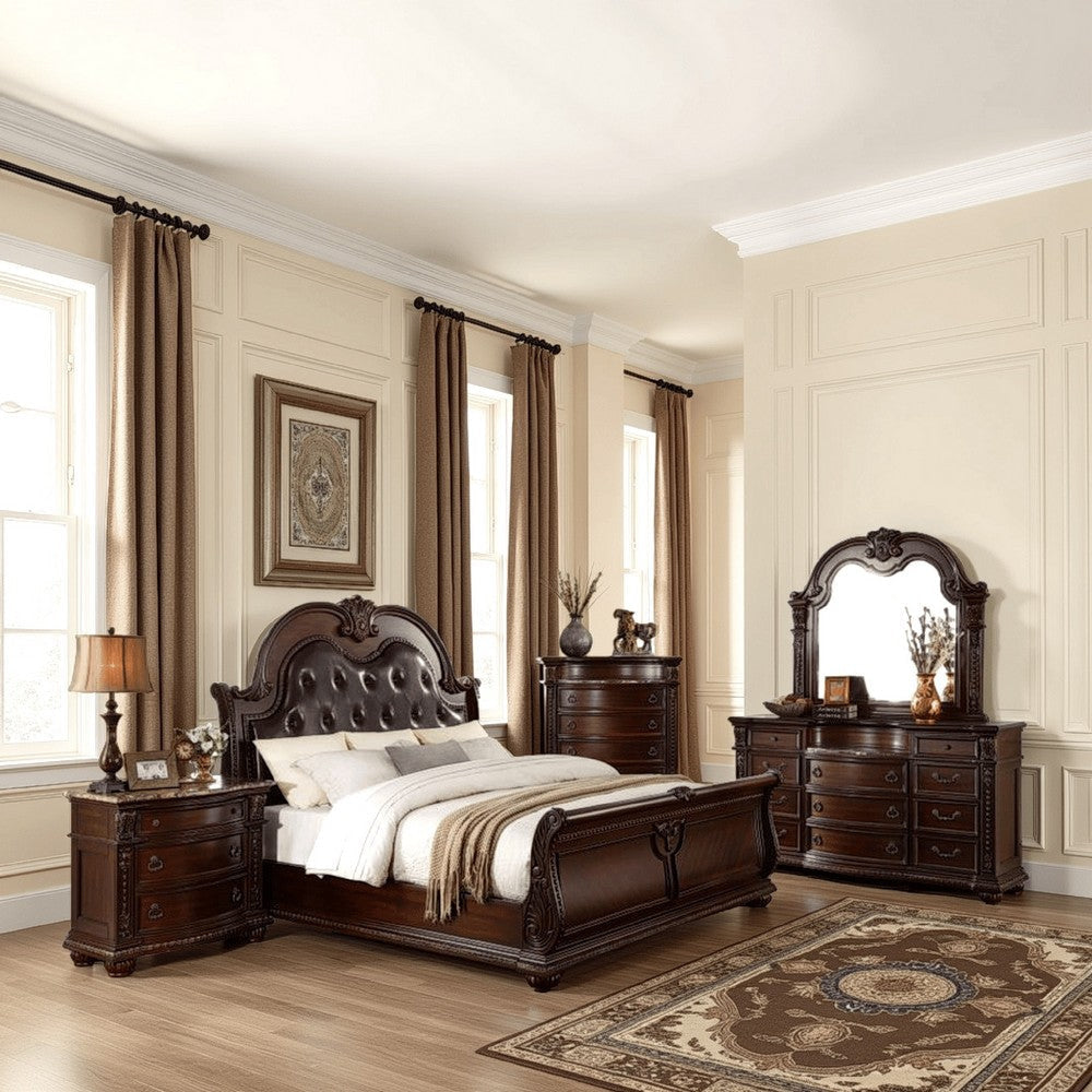 Caitlin Four Pc Queen Bedroom Set Tufted Faux Leather Headboard Marble Tops Brown