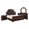 Caitlin Four Pc Queen Bedroom Set, Tufted Faux Leather Headboard, Marble Tops, Brown