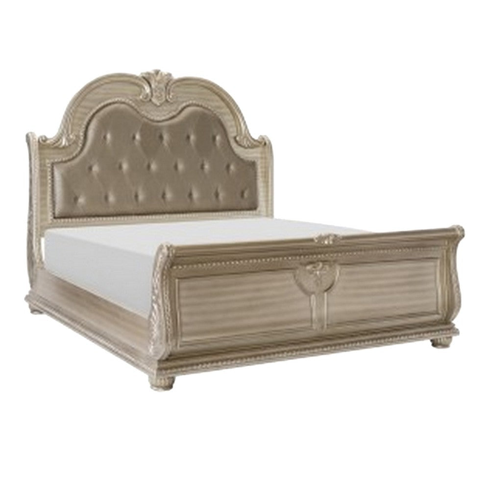 Caitlin Four Pc Queen Bedroom Set Tufted Faux Leather Headboard Marble Tops Silver