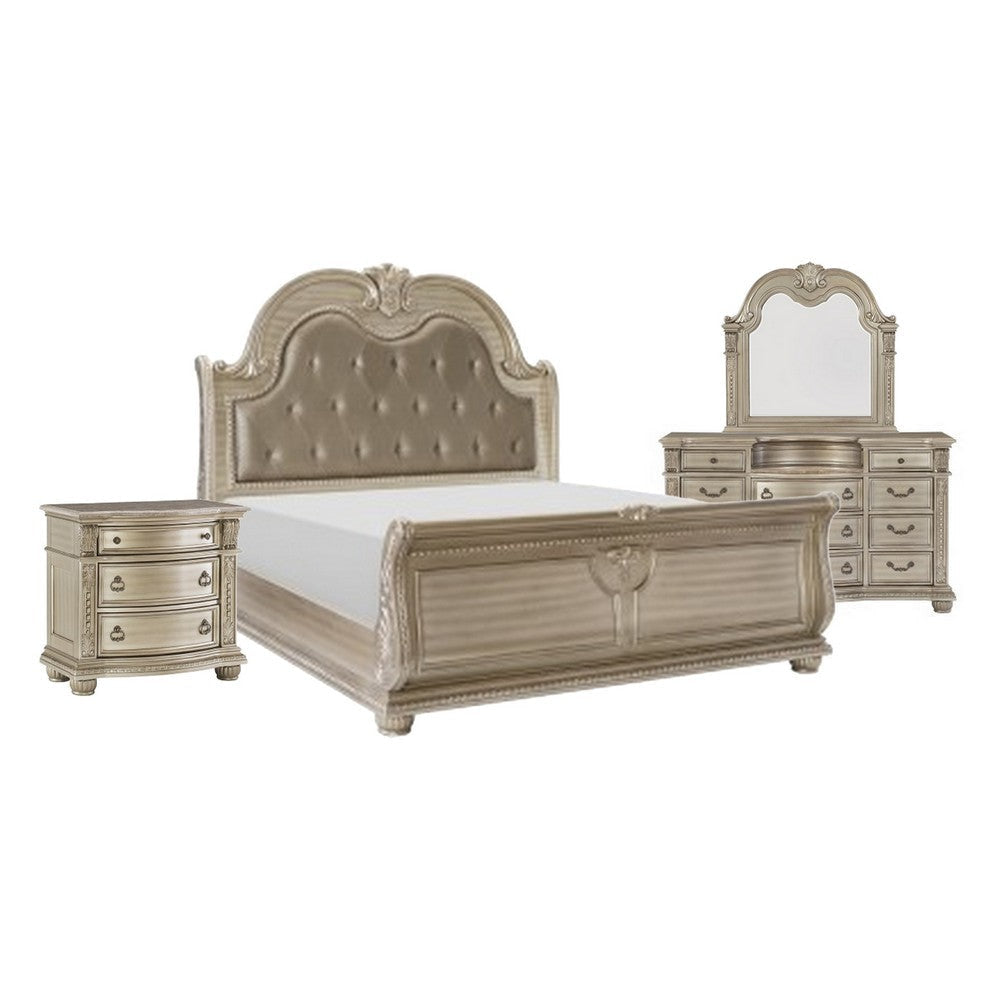 Caitlin Four Pc Queen Bedroom Set Tufted Faux Leather Headboard Marble Tops Silver
