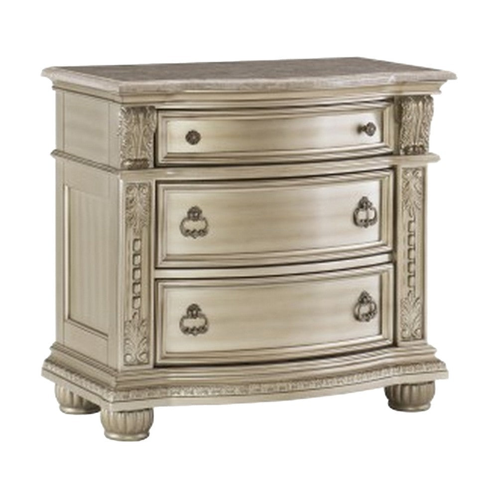 Caitlin Four Pc Queen Bedroom Set Tufted Faux Leather Headboard Marble Tops Silver