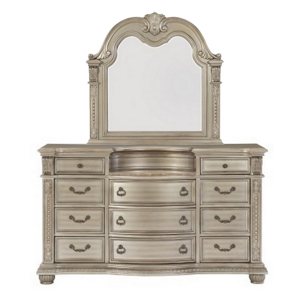 Caitlin Four Pc Queen Bedroom Set Tufted Faux Leather Headboard Marble Tops Silver
