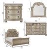 Caitlin Four Pc Queen Bedroom Set Tufted Faux Leather Headboard Marble Tops Silver