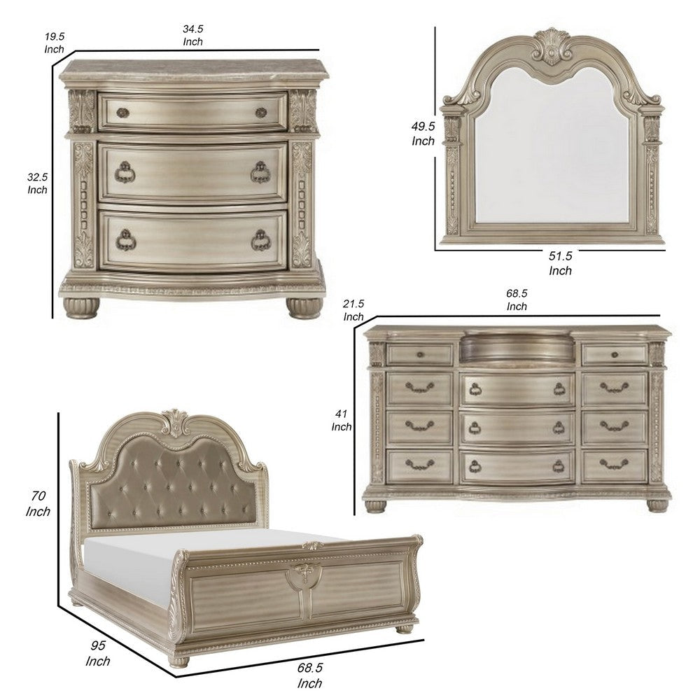 Caitlin Four Pc Queen Bedroom Set Tufted Faux Leather Headboard Marble Tops Silver