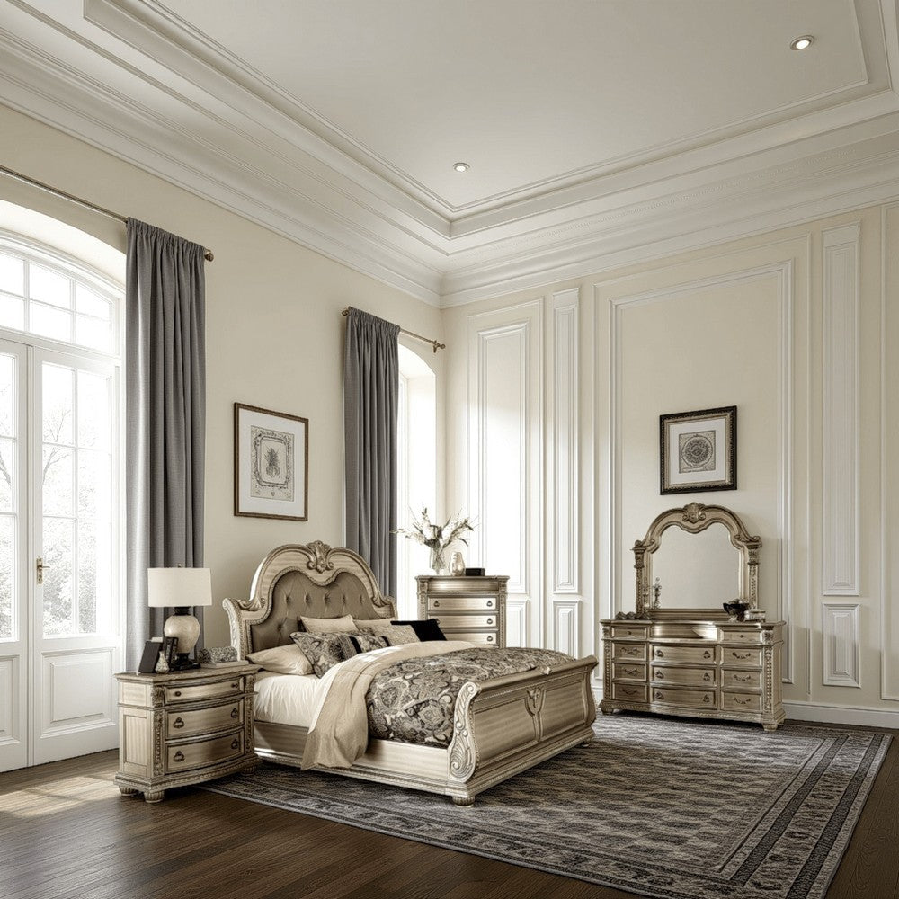 Caitlin Four Pc Queen Bedroom Set Tufted Faux Leather Headboard Marble Tops Silver