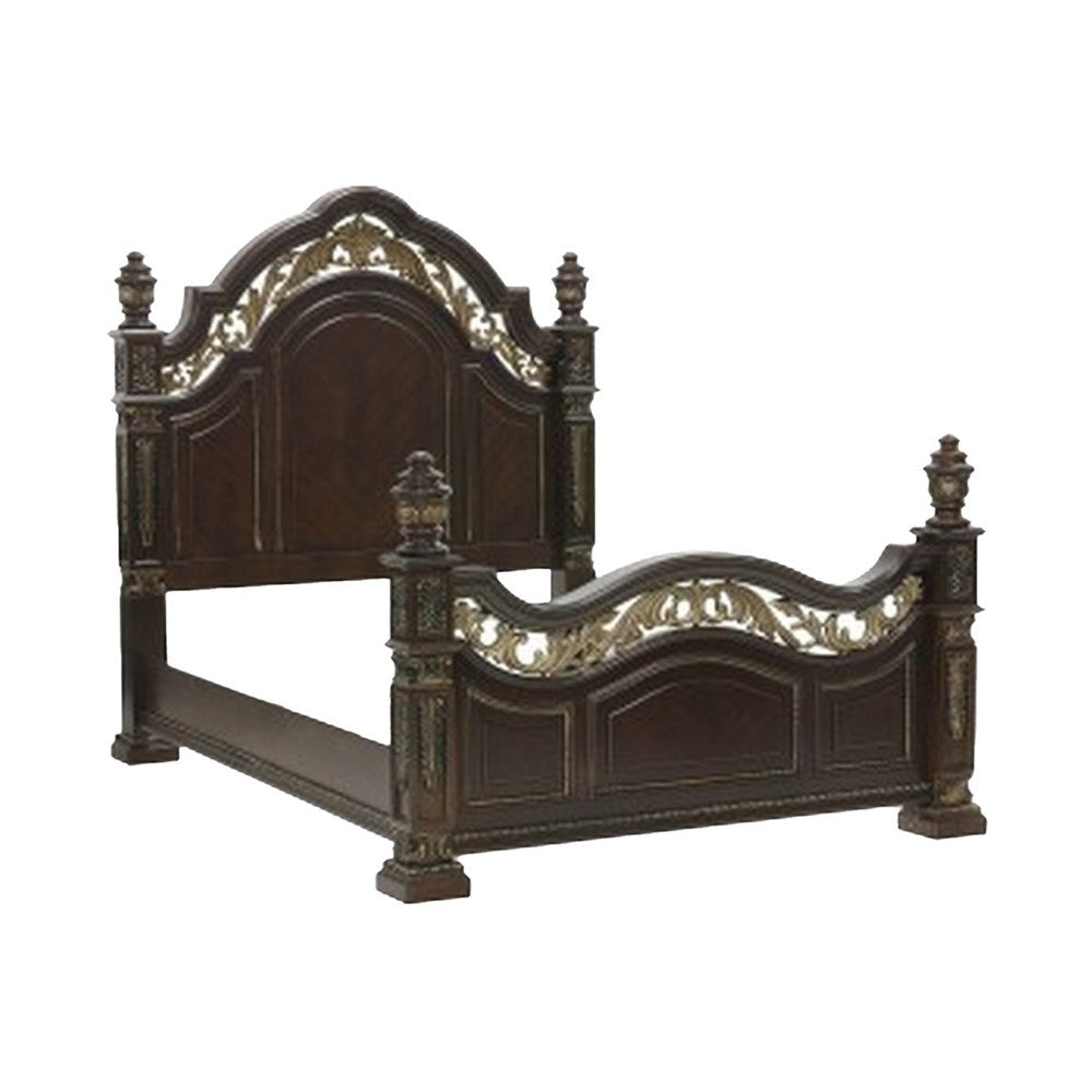 Lumi Four Pc Queen Bedroom Set Gold Scrollwork Acanthus Leaf Carving Cherry Brown BM332691