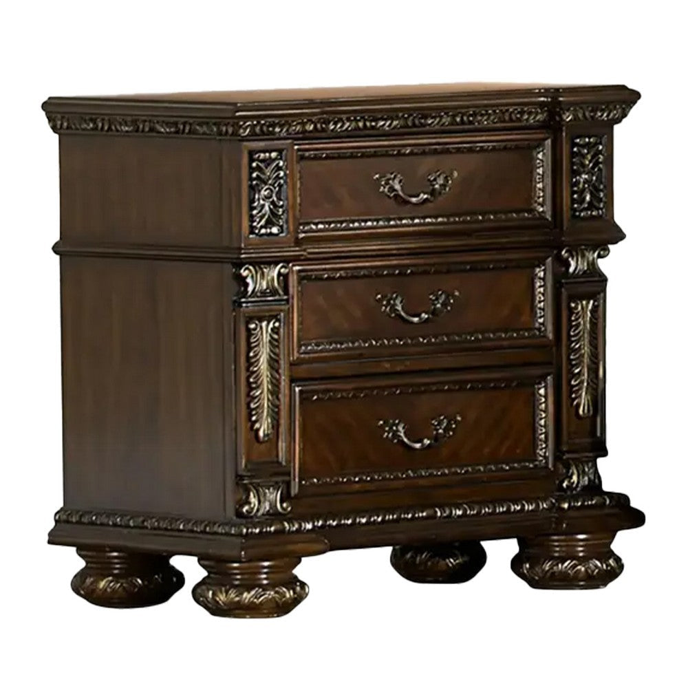 Lumi Four Pc Queen Bedroom Set Gold Scrollwork Acanthus Leaf Carving Cherry Brown BM332691