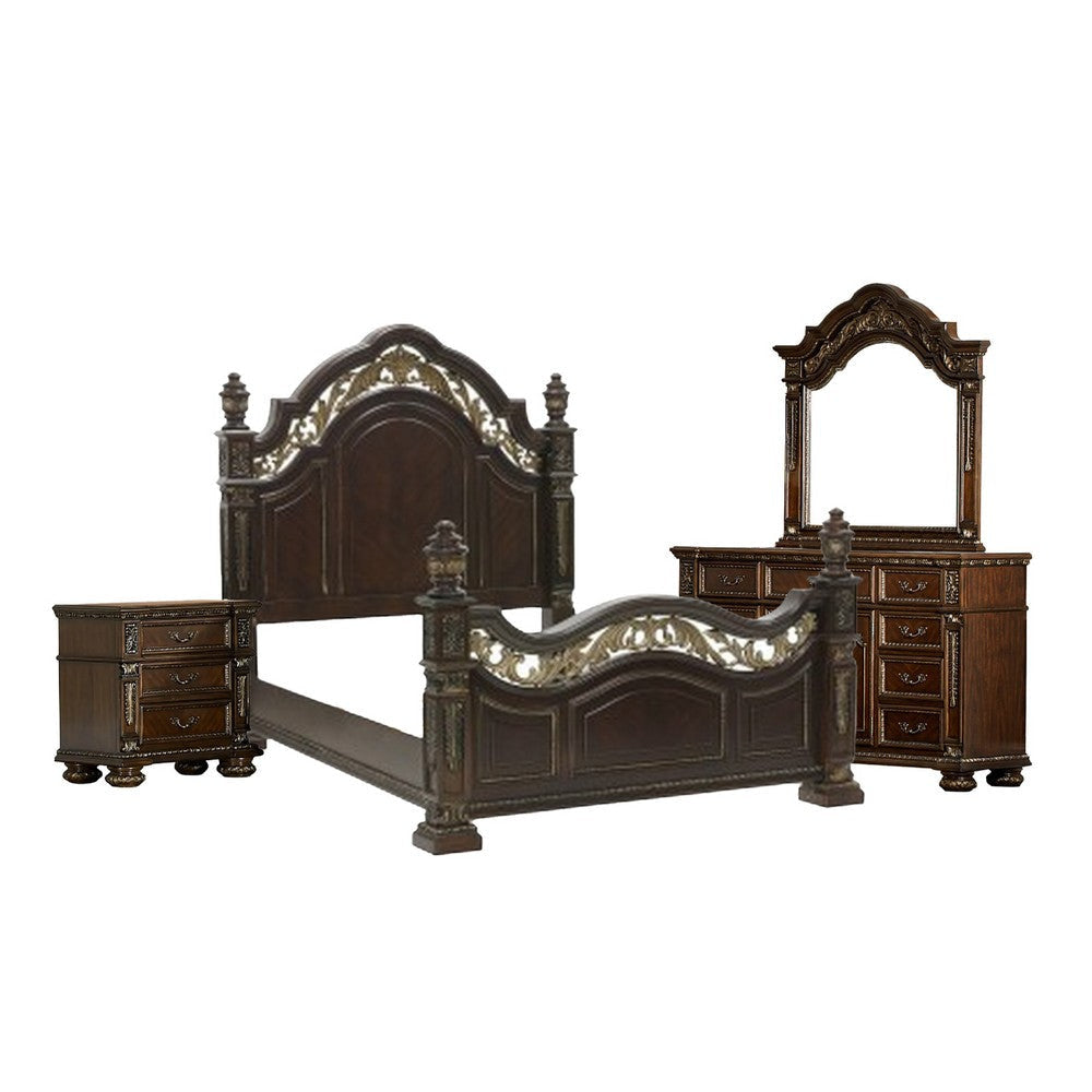 Lumi Four Pc Queen Bedroom Set Gold Scrollwork Acanthus Leaf Carving Cherry Brown BM332691