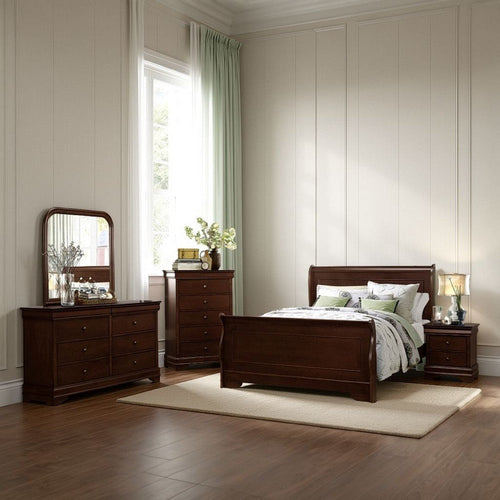 Yoshi Four Pc Queen Bedroom Set, Sleigh Style, Hidden Jewelry Drawers, Cherry Brown