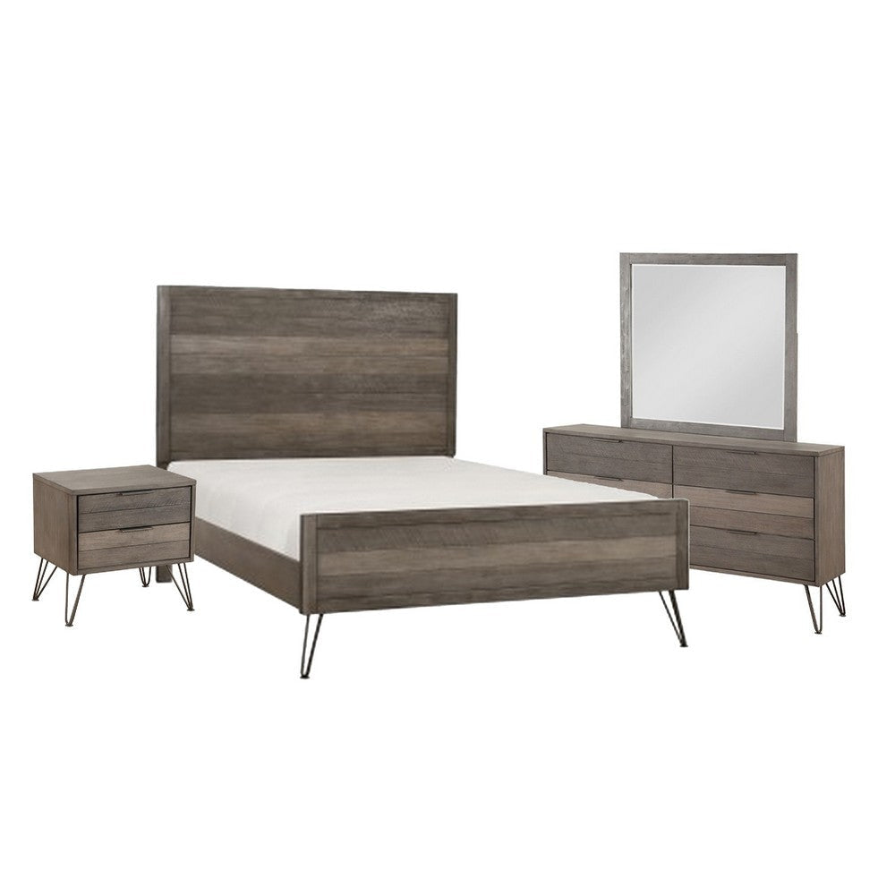 Aile 4 Pc Queen Size Bedroom Set, Horizontal Slat Design, Rustic Brown 