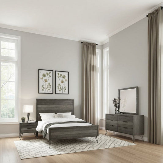 Aile 4 Pc Queen Size Bedroom Set, Horizontal Slat Design, Rustic Brown