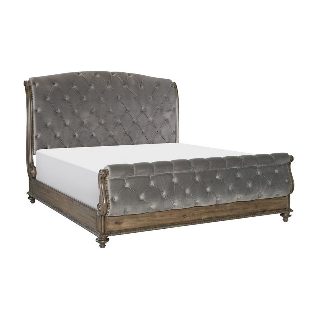 Chantel 4 Pc Queen Bedroom Set Velvet Sleigh Design Weathered Wood BM332711