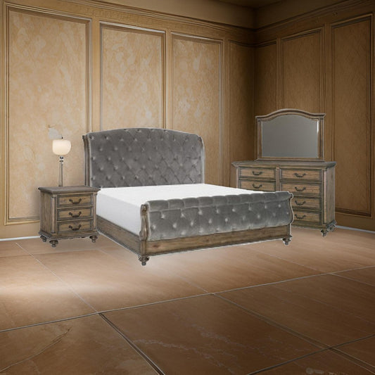 Chantel 4 Pc Queen Bedroom Set, Velvet Sleigh Design, Weathered Wood