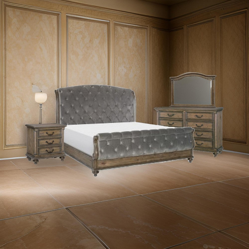 Chantel 4 Pc Queen Bedroom Set, Velvet Sleigh Design, Weathered Wood