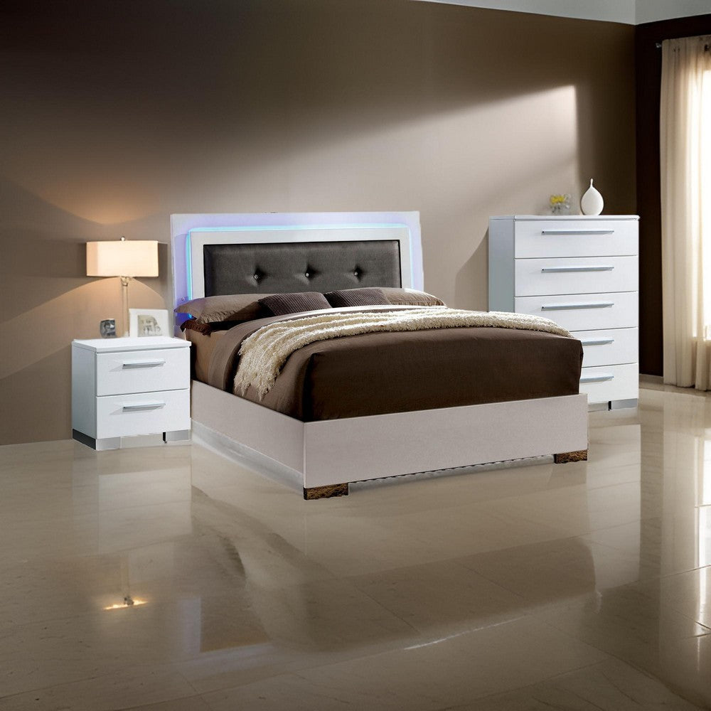 Luna 3 Pc Full Size Bedroom Set, LED Tufted Headboard and Glossy White