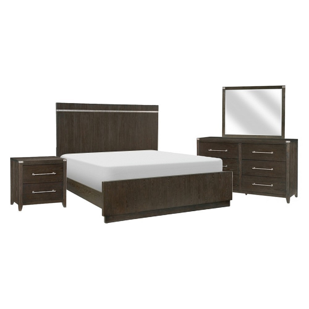 Bellamy 4 Pc Queen Size Bedroom Set Silver Accents Ash Veneer Dark Brown BM332734