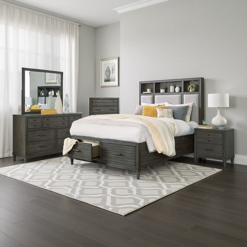 Celia 4 Pc Queen Size Storage Bedroom Set, LED-Lit, USB Ports, Warm Gray