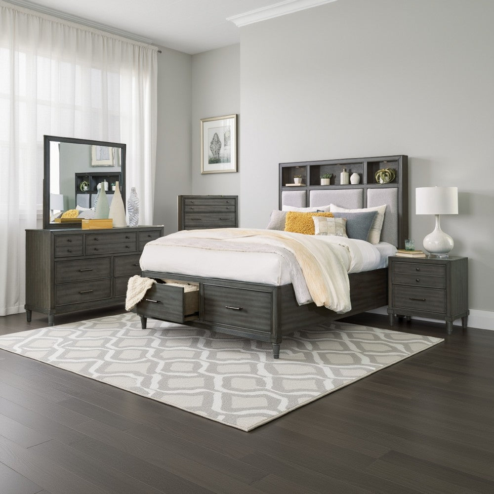 Celia 4 Pc Queen Size Storage Bedroom Set, LED-Lit, USB Ports, Warm Gray