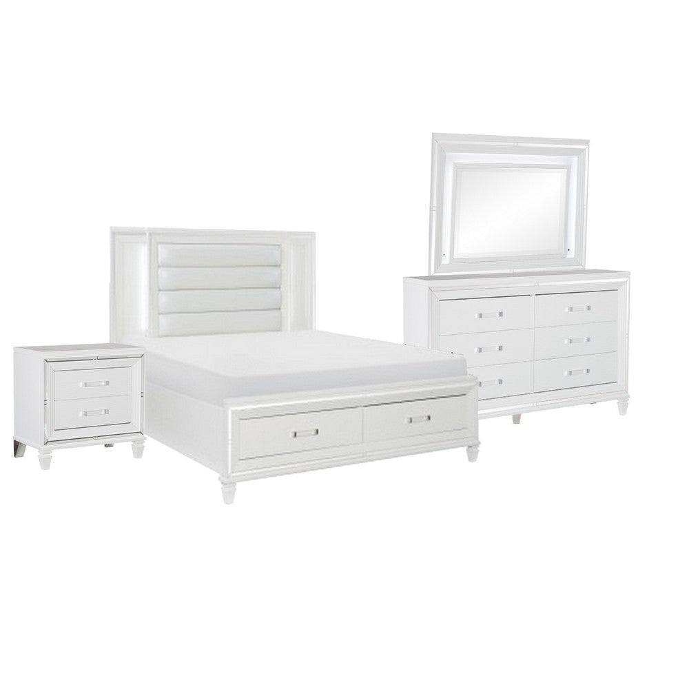 Rosa 4 Pc Queen Storage Bedroom Set LED Mirrored Accents White Metallic BM332737