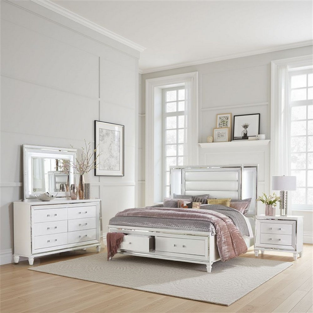Rosa 4 Pc Queen Storage Bedroom Set, LED, Mirrored Accents, White Metallic