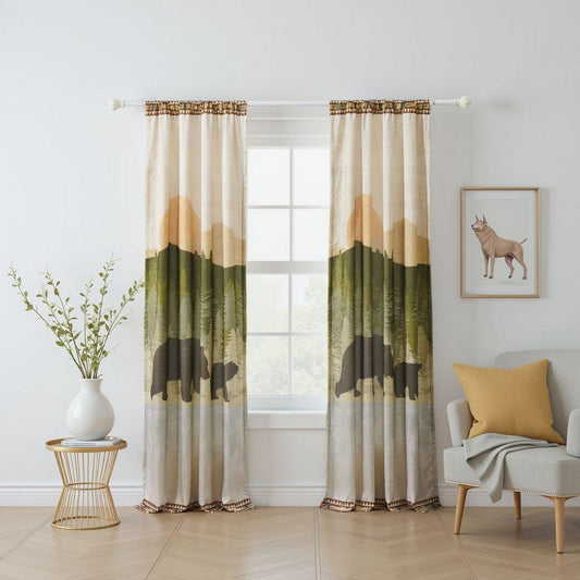 Kip 2 Panels Curtain Set, Microfiber, Green and Beige Mountain Scenery