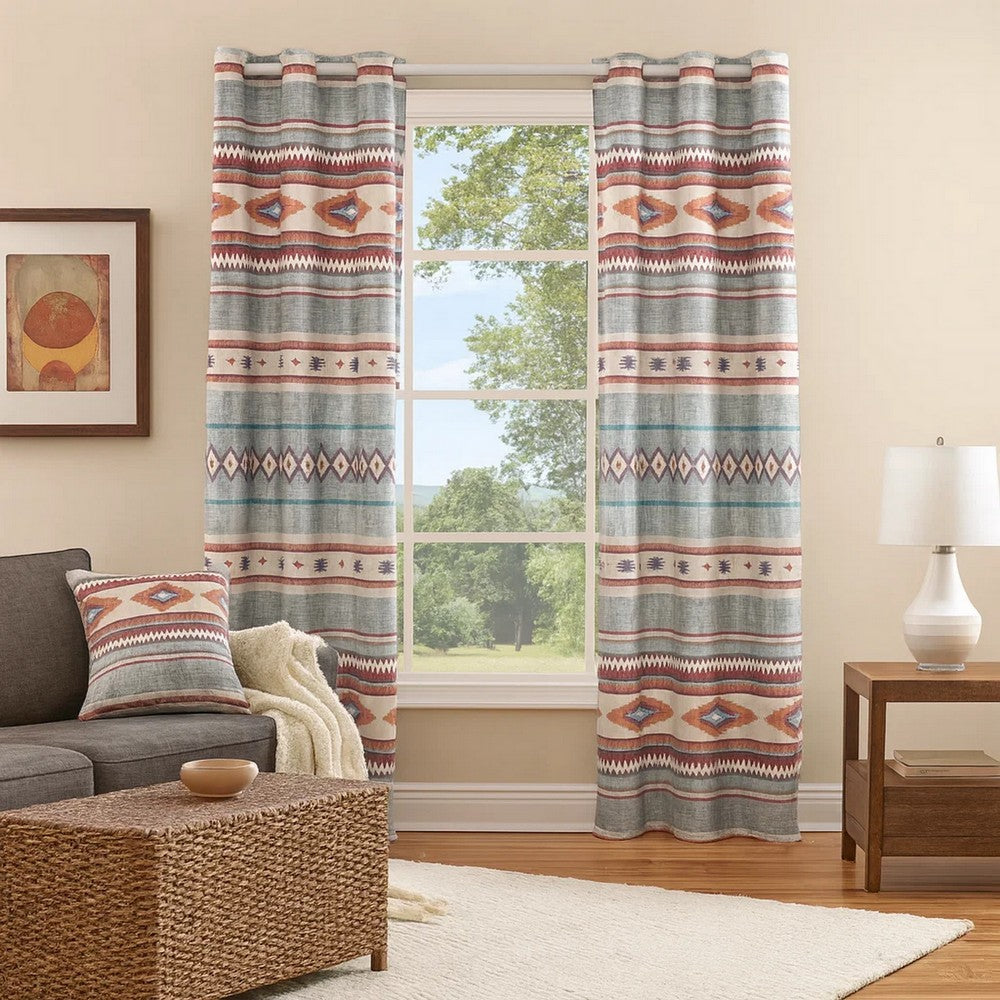 Pimi 2 Panel Curtain Set, Boho Stripes Red White Gray, Microfiber