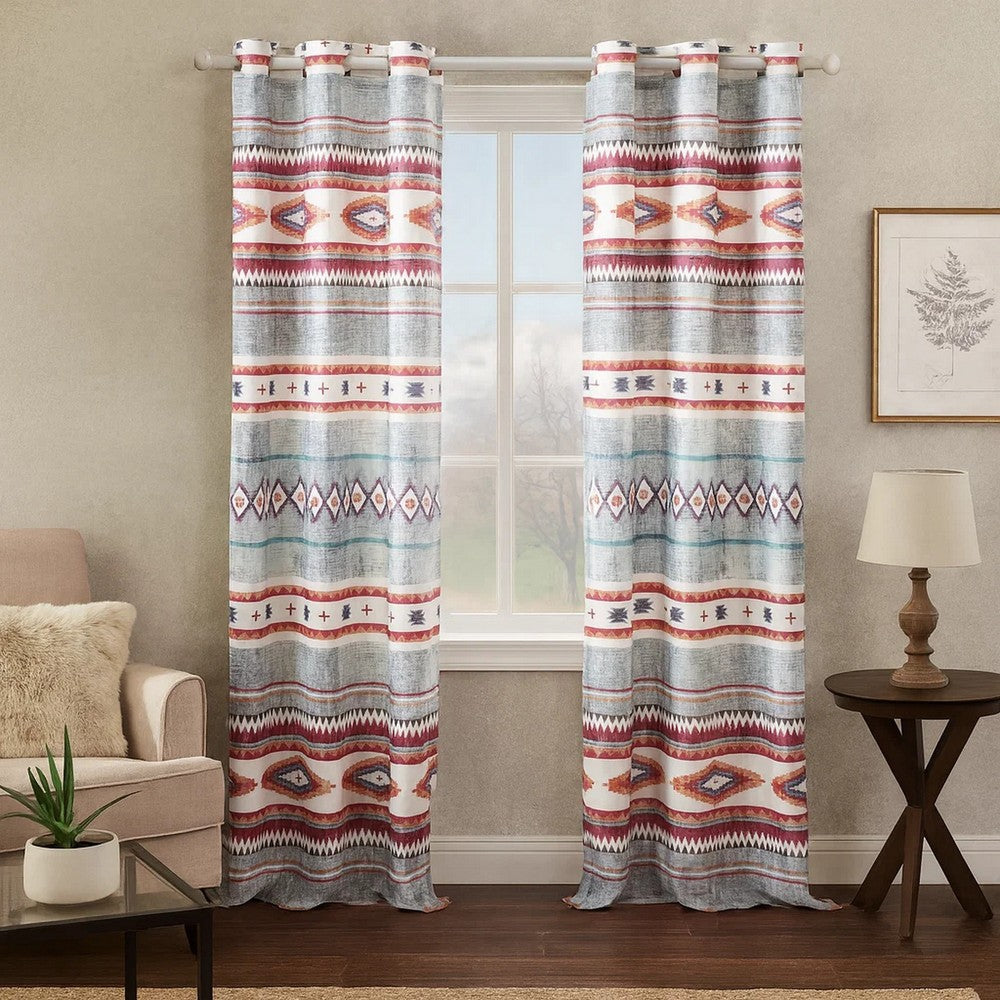 Pimi 2 Panel Curtain Set, Boho Stripes Red White Gray, Microfiber