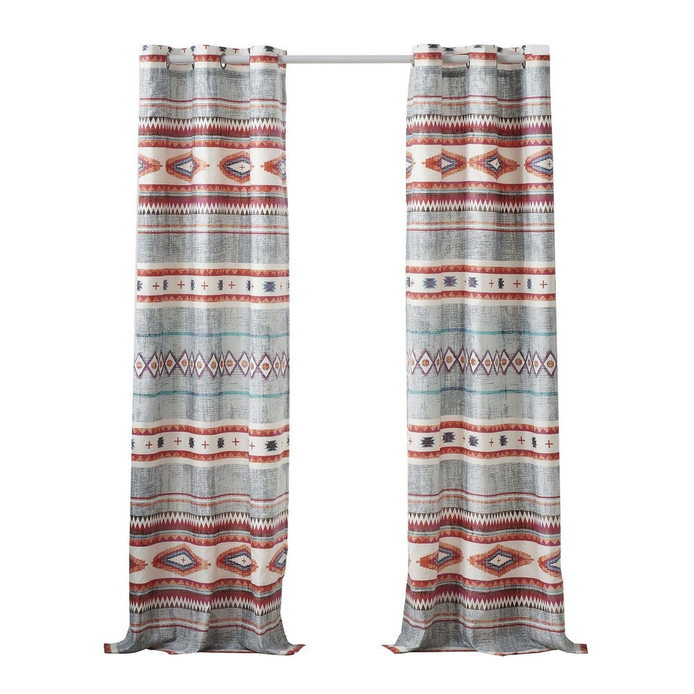 Pimi 2 Panel Curtain Set, Boho Stripes Red White Gray, Microfiber