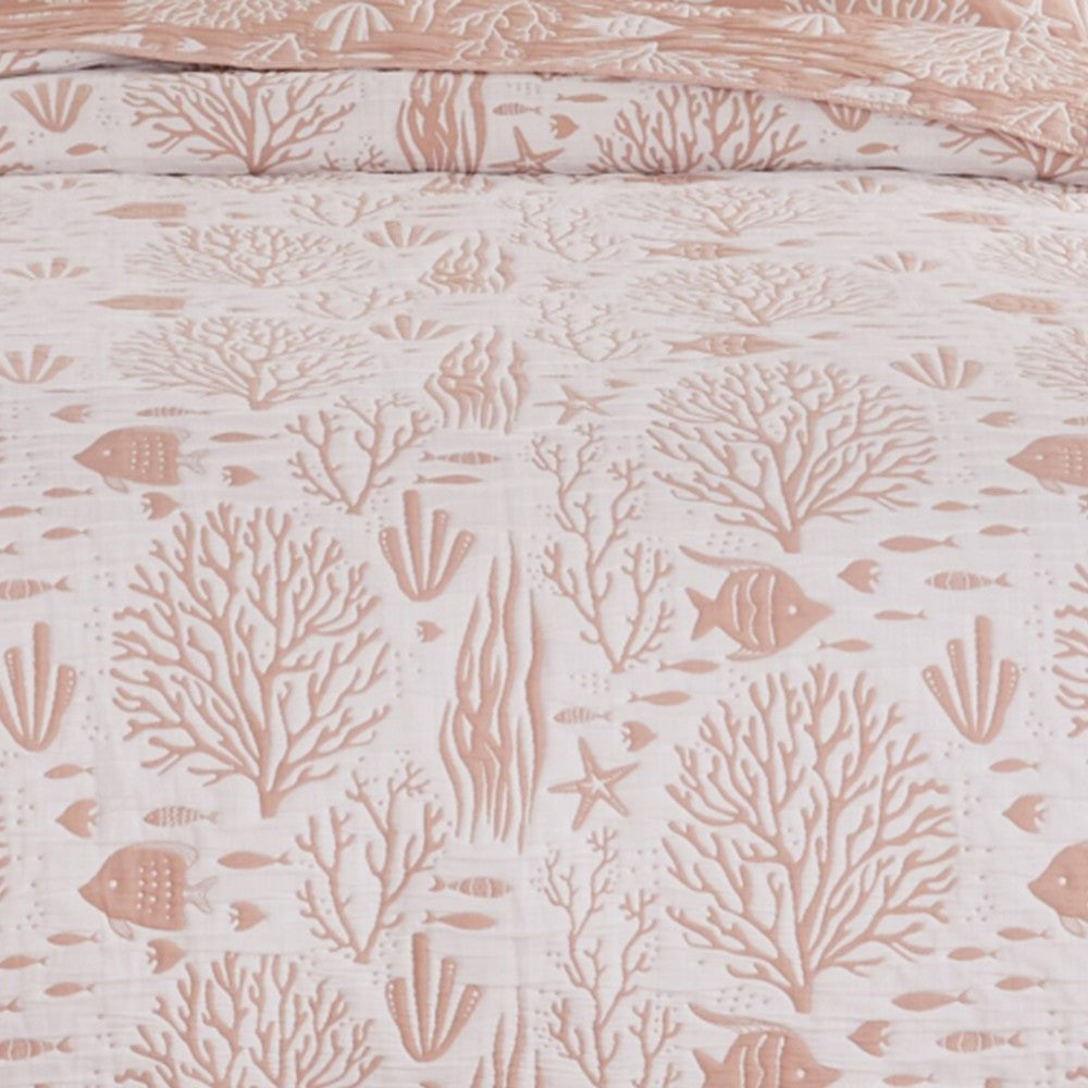 Amy 3 Piece Queen Quilt Set, Coastal Theme, Soft Pink White Polyester