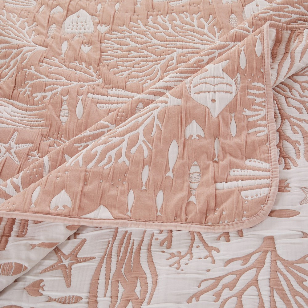 Amy 3 Piece Queen Quilt Set, Coastal Theme, Soft Pink White Polyester