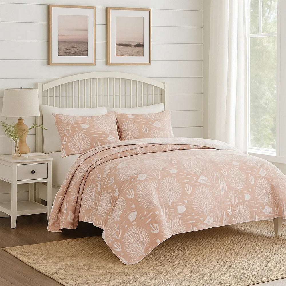 Amy 3 Piece Queen Quilt Set, Coastal Theme, Soft Pink White Polyester
