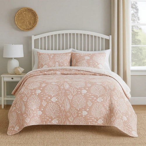 Amy 3 Piece Queen Quilt Set, Coastal Theme, Soft Pink White Polyester