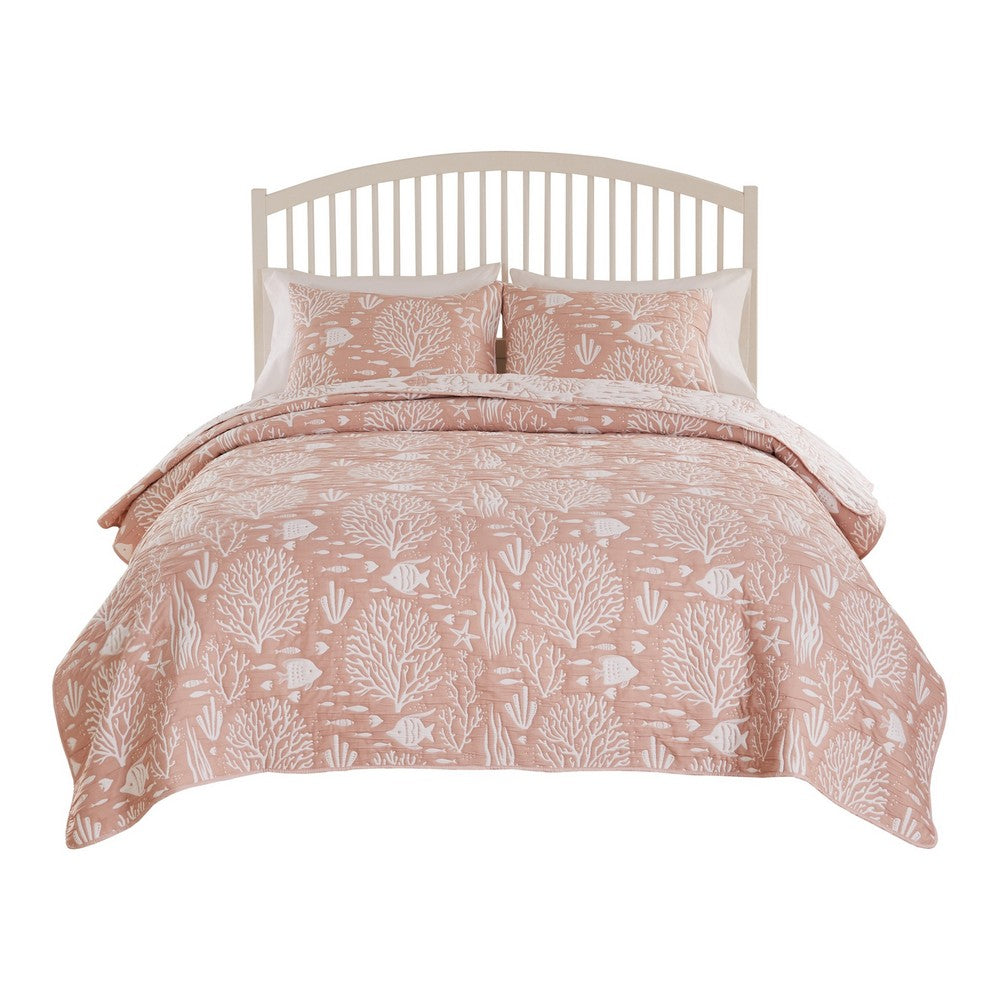 Amy 3 Piece Queen Quilt Set, Coastal Theme, Soft Pink White Polyester