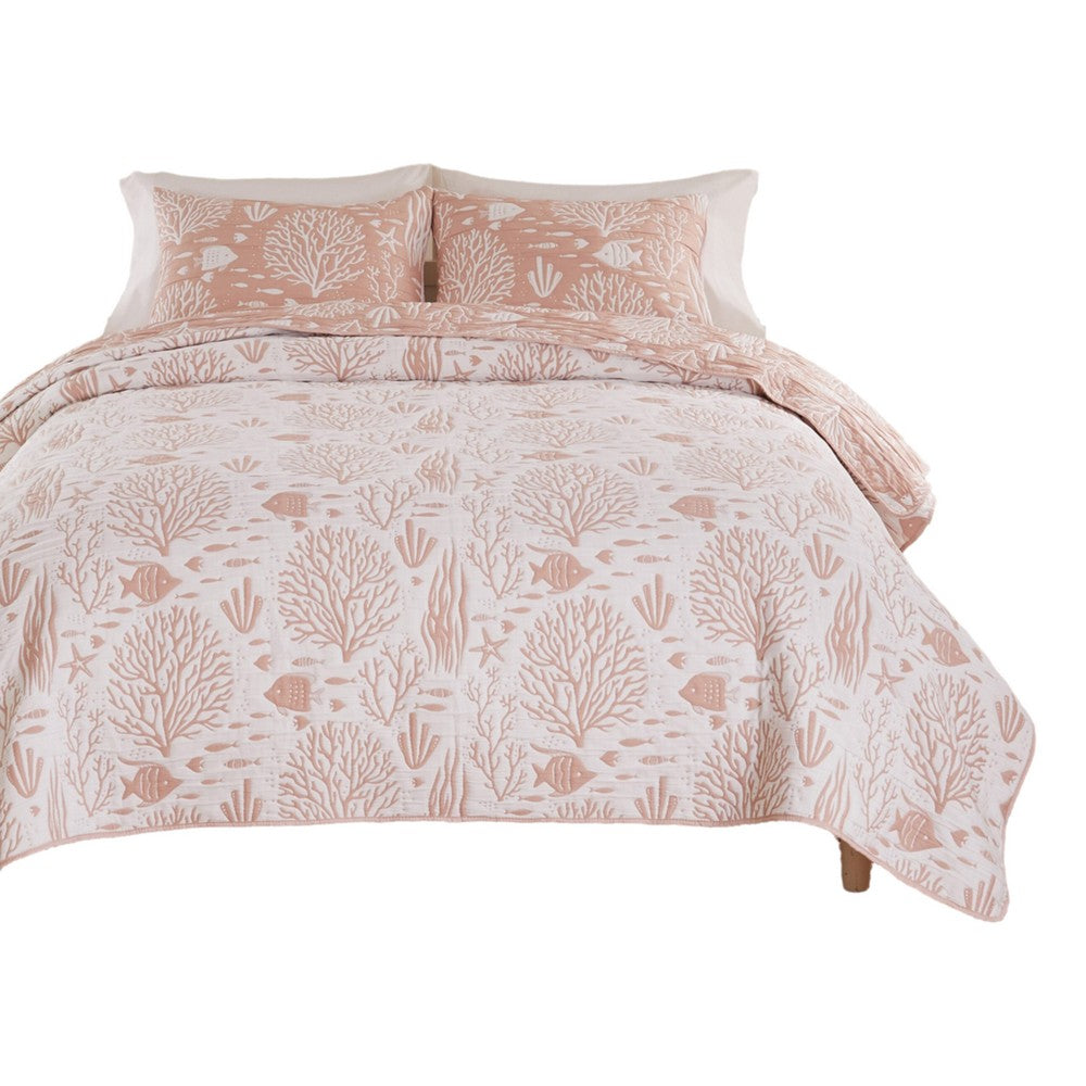 Amy 3 Piece King Quilt Set, Coastal Theme, Soft Pink White Polyester