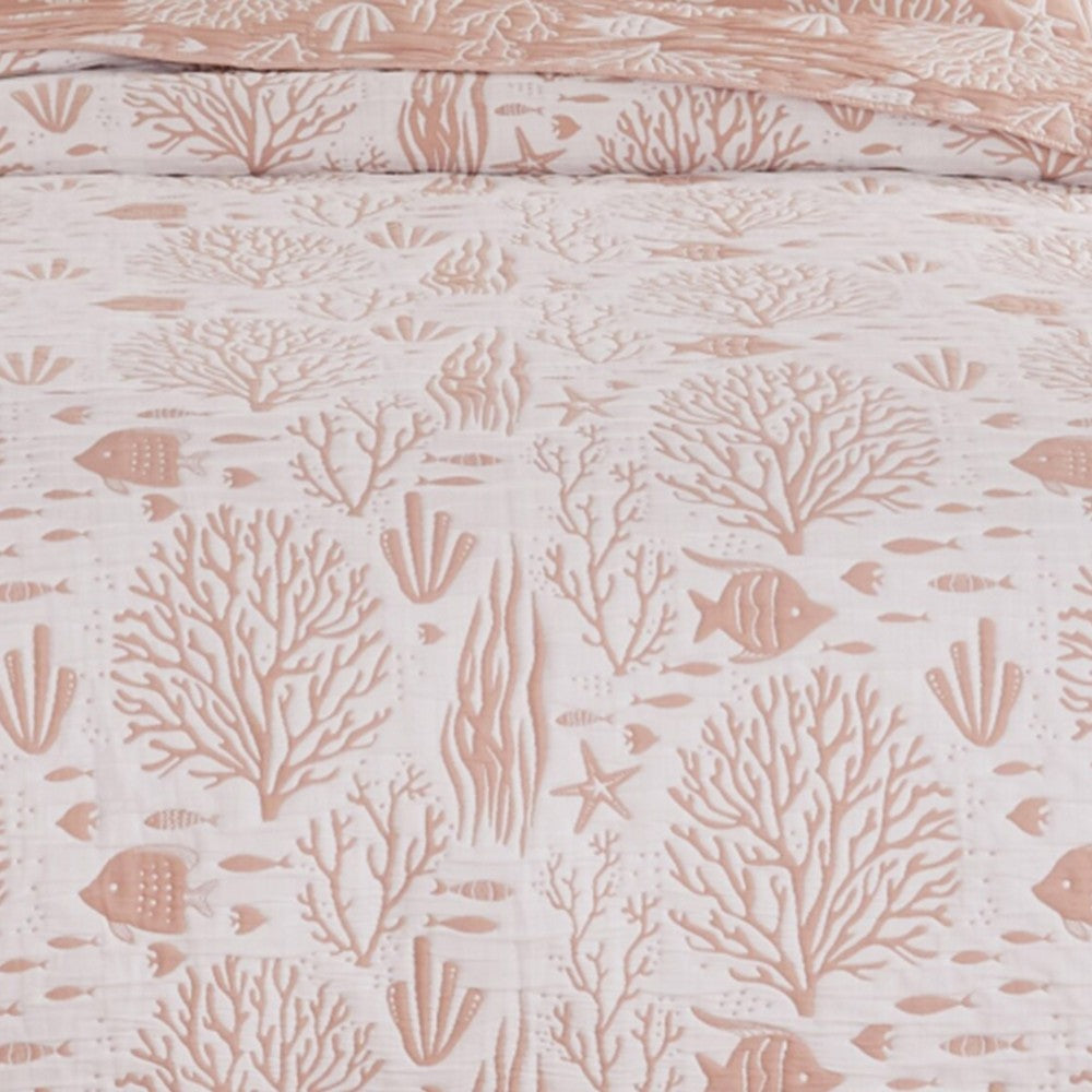 Amy 3 Piece King Quilt Set Coastal Theme Soft Pink White Polyester