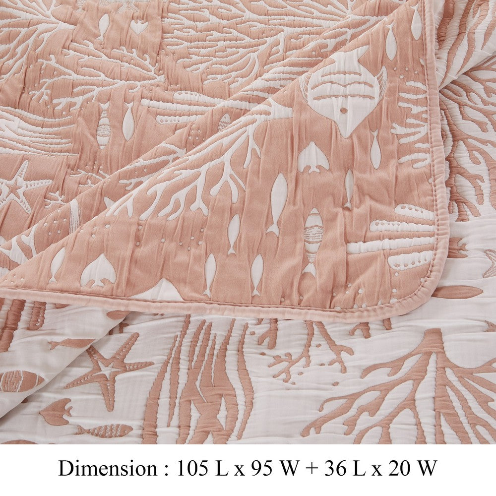 Amy 3 Piece King Quilt Set, Coastal Theme, Soft Pink White Polyester