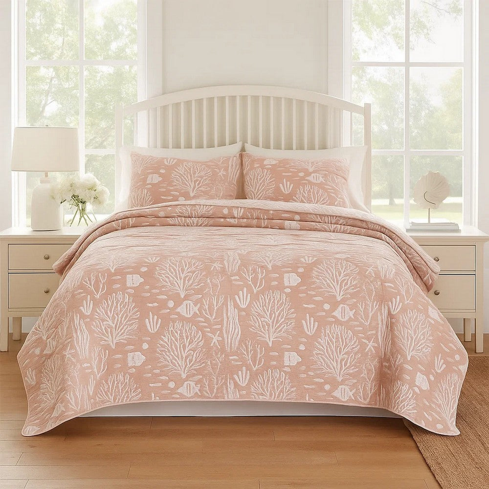 Amy 3 Piece King Quilt Set, Coastal Theme, Soft Pink White Polyester