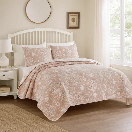 Amy 3 Piece King Quilt Set, Coastal Theme, Soft Pink White Polyester