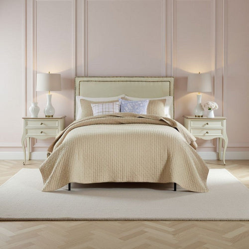 Xumi 2 Piece Twin Size Quilt Set, Beige Channel, Polyester and Cotton