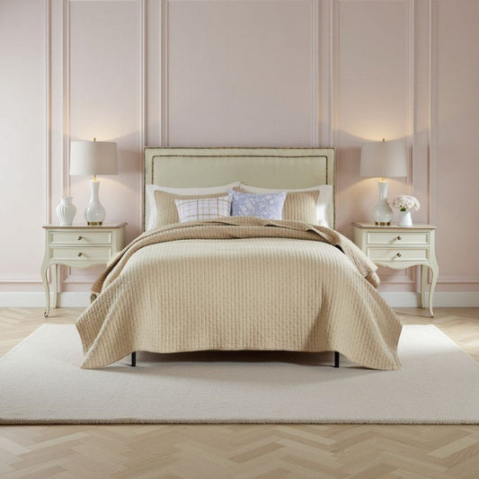 Xumi 2 Piece Twin Size Quilt Set, Beige Channel, Polyester and Cotton