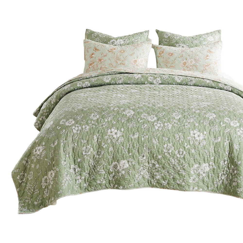Vola 2 Piece Twin Quilt Set, Floral Pattern, Light Green Microfiber